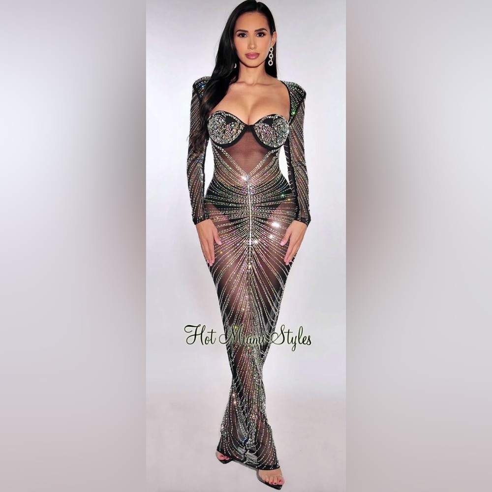 NWT Hot Miami Styles Banjul Black Mesh & Rhinestone Long Sleeve Mermaid Gown